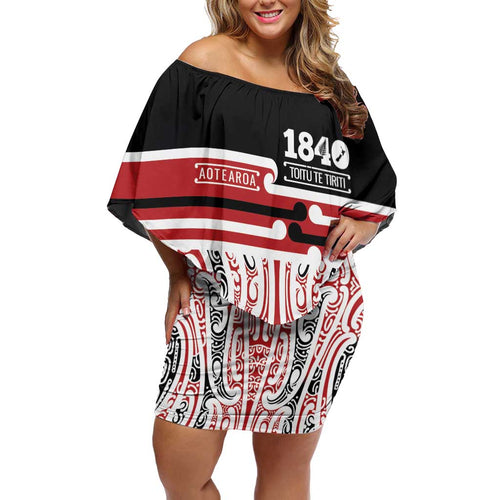 Personalised Toitu Te Tiriti Aotearoa 1840 Family Matching Off Shoulder Short Dress and Hawaiian Shirt Red Kowhaiwhai Puhoro - Aussie Hoodie