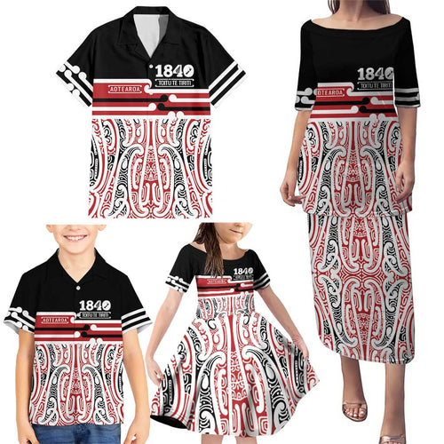 Personalised Toitu Te Tiriti Aotearoa 1840 Family Matching Puletasi and Hawaiian Shirt Red Kowhaiwhai Puhoro - Aussie Hoodie