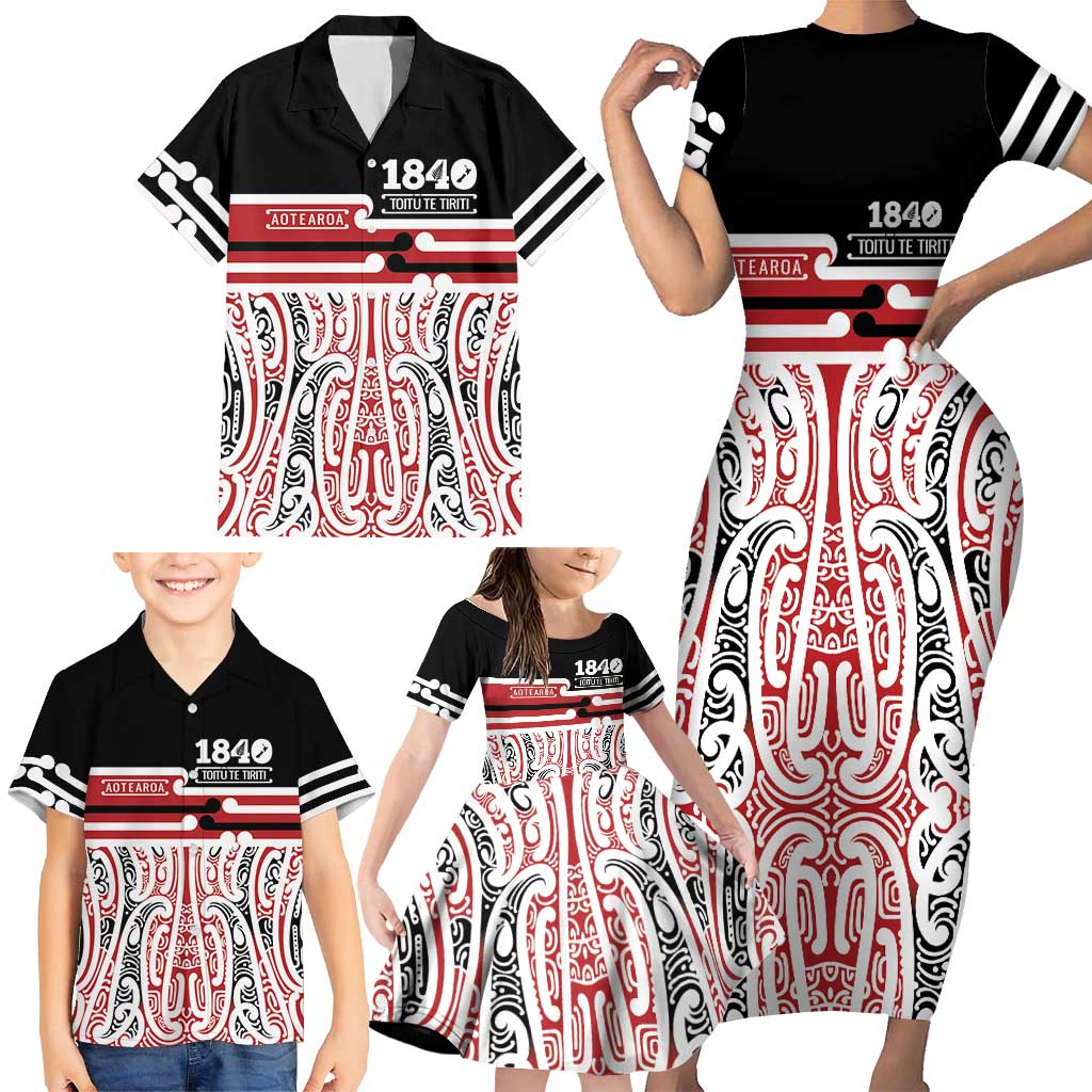Personalised Toitu Te Tiriti Aotearoa 1840 Family Matching Short Sleeve Bodycon Dress and Hawaiian Shirt Red Kowhaiwhai Puhoro - Aussie Hoodie