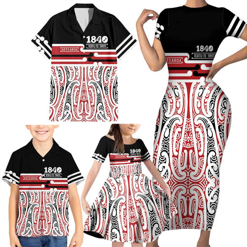 Personalised Toitu Te Tiriti Aotearoa 1840 Family Matching Short Sleeve Bodycon Dress and Hawaiian Shirt Red Kowhaiwhai Puhoro - Aussie Hoodie