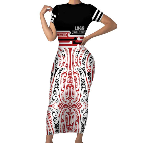 Personalised Toitu Te Tiriti Aotearoa 1840 Family Matching Short Sleeve Bodycon Dress and Hawaiian Shirt Red Kowhaiwhai Puhoro - Aussie Hoodie