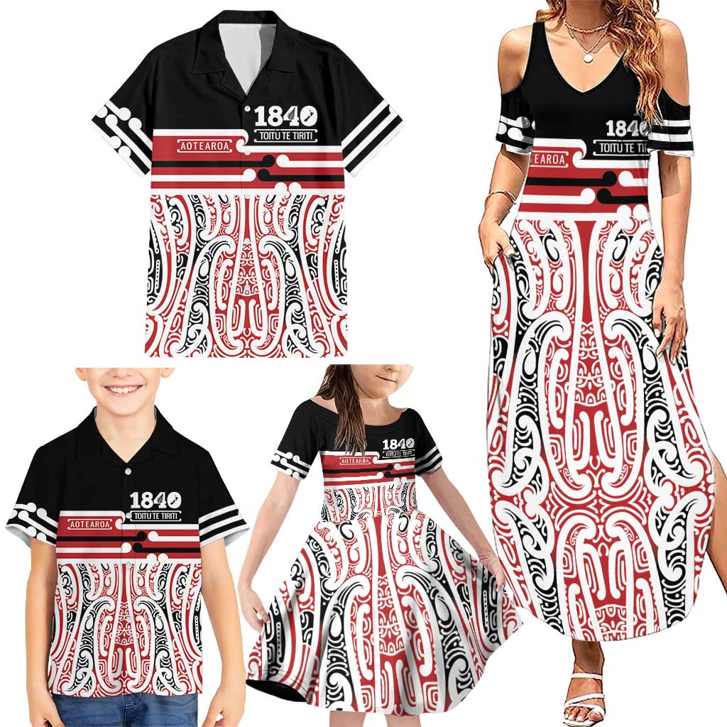 Personalised Toitu Te Tiriti Aotearoa 1840 Family Matching Summer Maxi Dress and Hawaiian Shirt Red Kowhaiwhai Puhoro - Aussie Hoodie