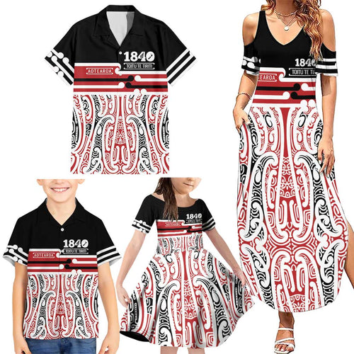 Personalised Toitu Te Tiriti Aotearoa 1840 Family Matching Summer Maxi Dress and Hawaiian Shirt Red Kowhaiwhai Puhoro - Aussie Hoodie