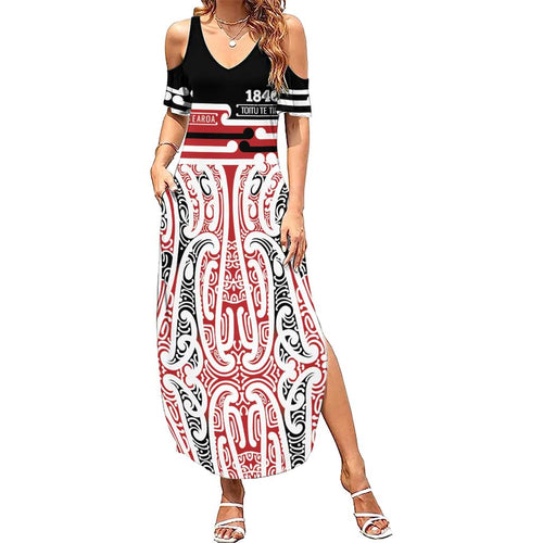Personalised Toitu Te Tiriti Aotearoa 1840 Family Matching Summer Maxi Dress and Hawaiian Shirt Red Kowhaiwhai Puhoro - Aussie Hoodie