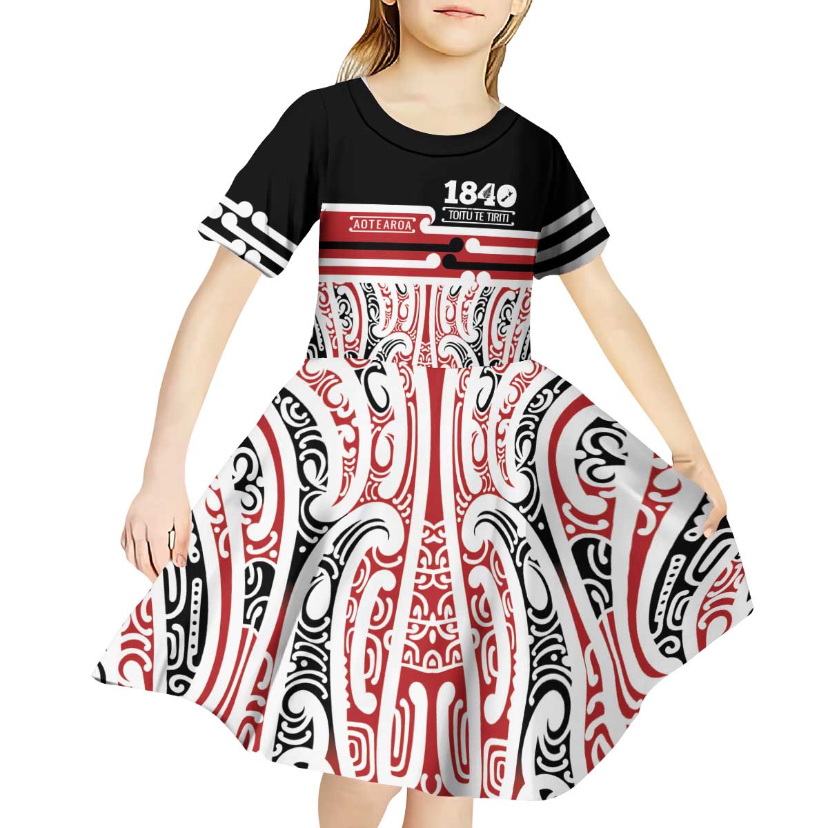 Personalised Toitu Te Tiriti Aotearoa 1840 Kid Short Sleeve Dress Red Kowhaiwhai Puhoro - Aussie Hoodie