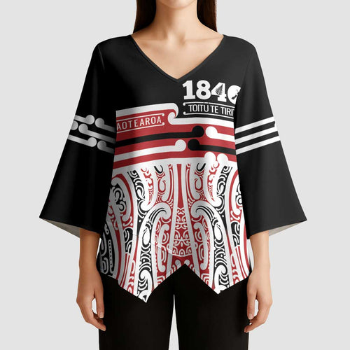 Personalised Toitu Te Tiriti Aotearoa 1840 Kimono Sleeve Blouse Red Kowhaiwhai Puhoro - Aussie Hoodie