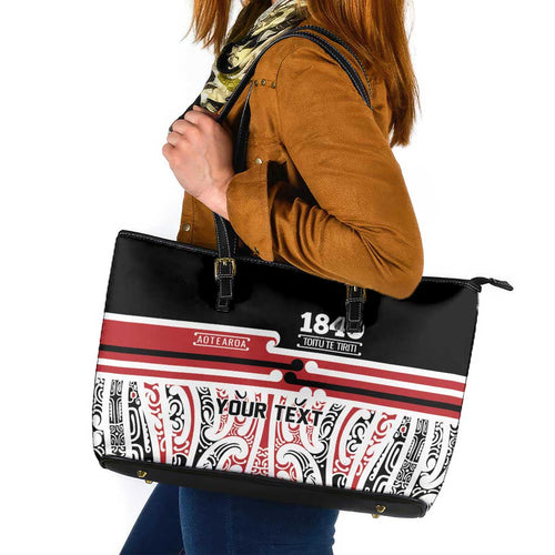 Personalised Toitu Te Tiriti Aotearoa 1840 Leather Tote Bag Red Kowhaiwhai Puhoro - Aussie Hoodie