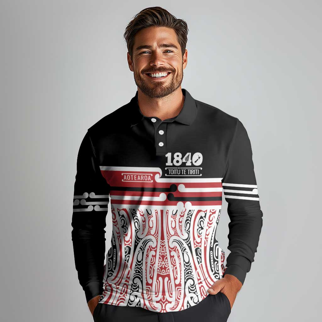 Personalised Toitu Te Tiriti Aotearoa 1840 Long Sleeve Polo Shirt Red Kowhaiwhai Puhoro - Aussie Hoodie