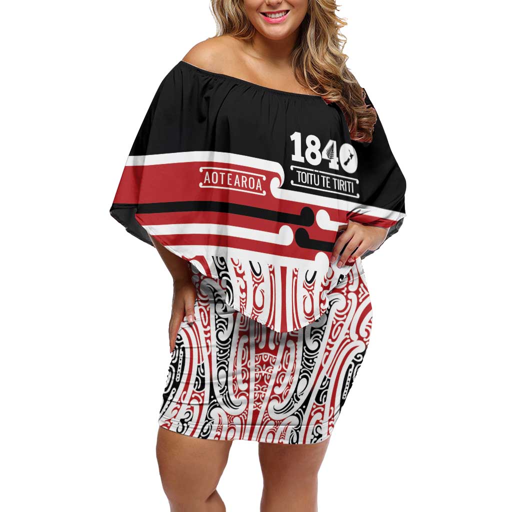 Personalised Toitu Te Tiriti Aotearoa 1840 Off Shoulder Short Dress Red Kowhaiwhai Puhoro - Aussie Hoodie