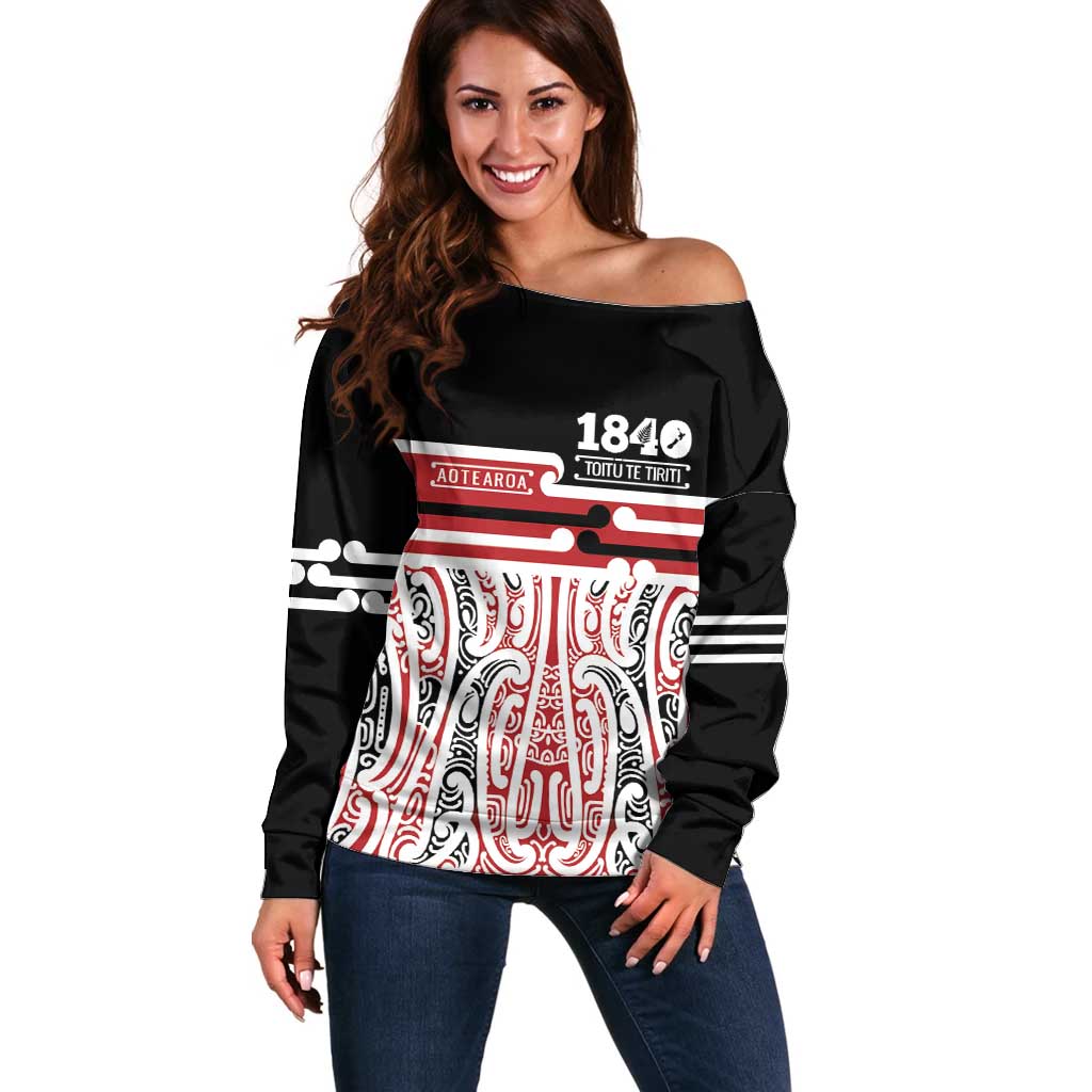 Personalised Toitu Te Tiriti Aotearoa 1840 Off Shoulder Sweater Red Kowhaiwhai Puhoro - Aussie Hoodie