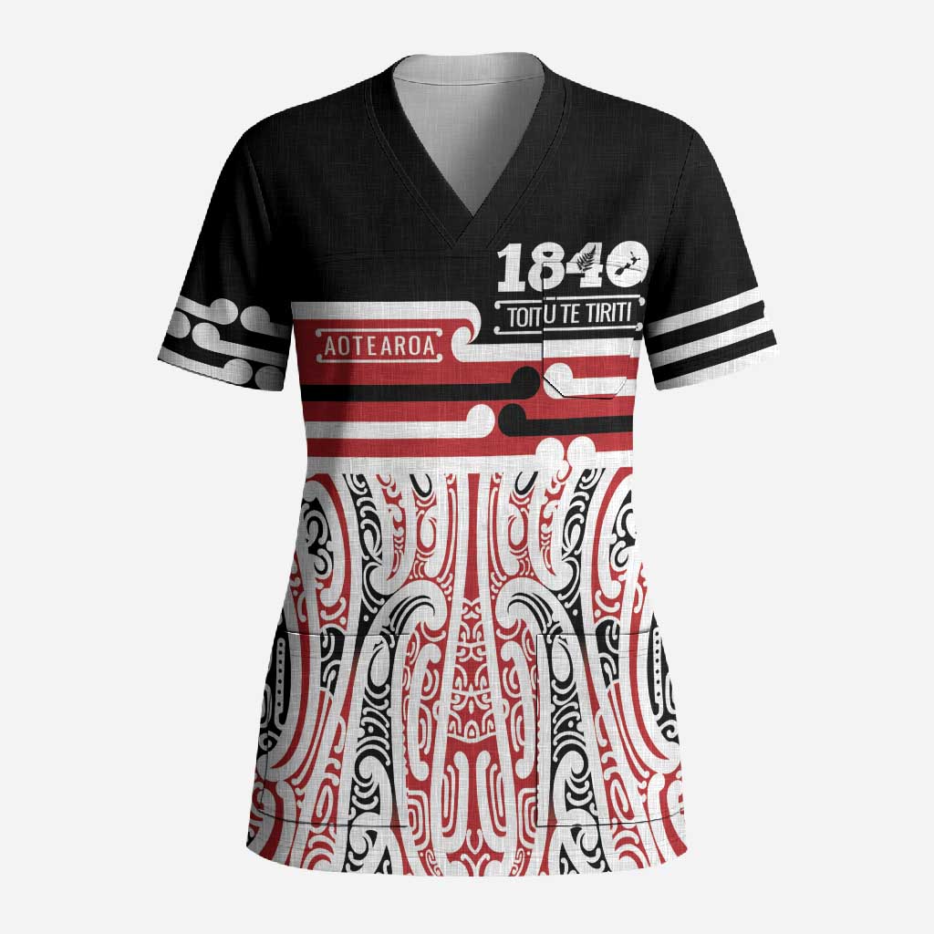 Personalised Toitu Te Tiriti Aotearoa 1840 Scrub Top Red Kowhaiwhai Puhoro - Aussie Hoodie