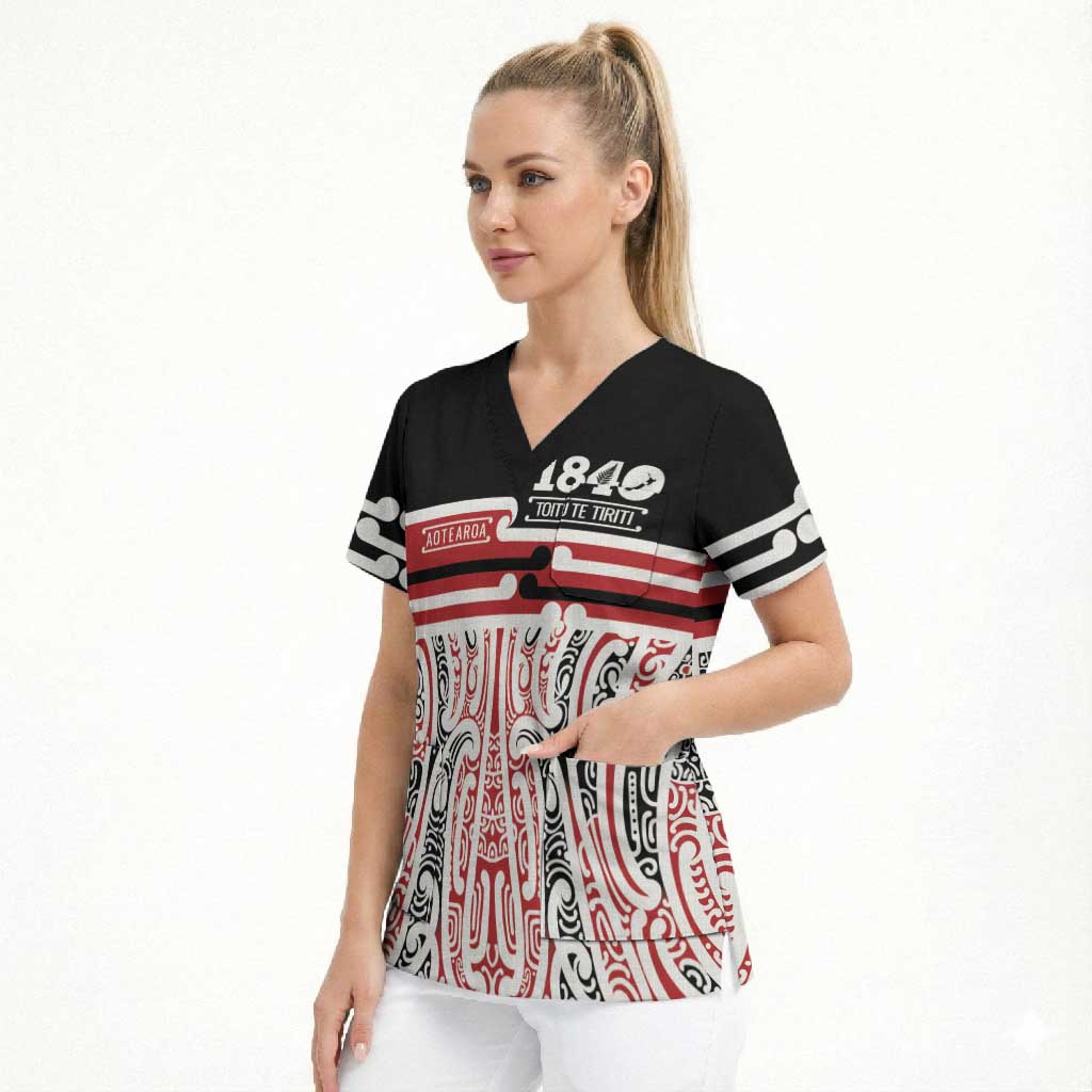 Personalised Toitu Te Tiriti Aotearoa 1840 Scrub Top Red Kowhaiwhai Puhoro - Aussie Hoodie