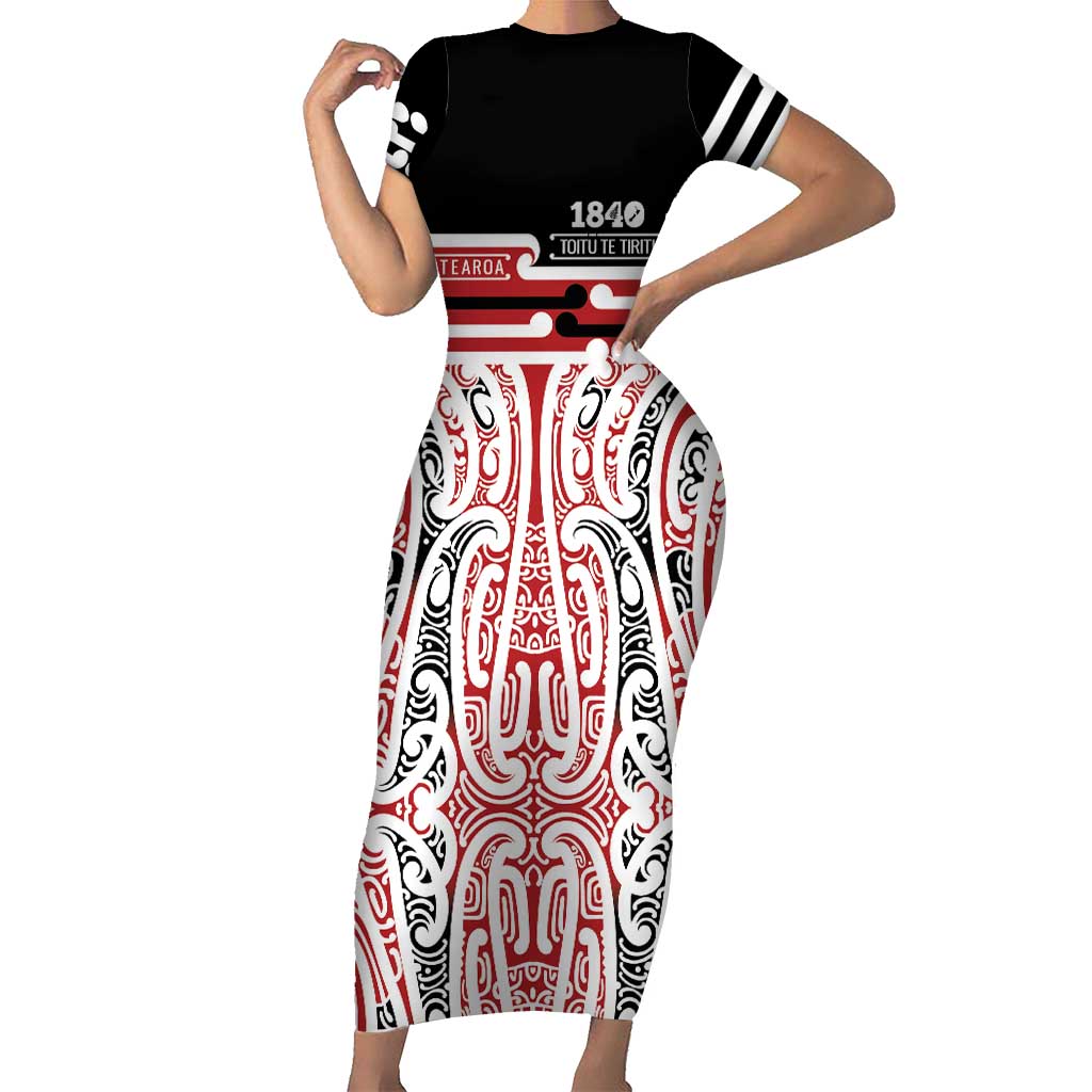 Personalised Toitu Te Tiriti Aotearoa 1840 Short Sleeve Bodycon Dress Red Kowhaiwhai Puhoro - Aussie Hoodie