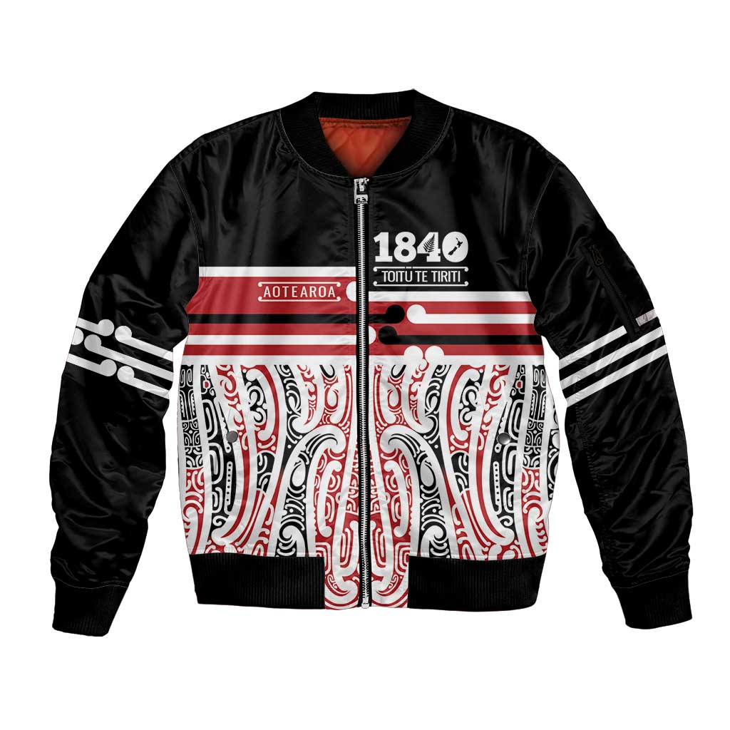 Personalised Toitu Te Tiriti Aotearoa 1840 Sleeve Zip Bomber Jacket Red Kowhaiwhai Puhoro - Aussie Hoodie