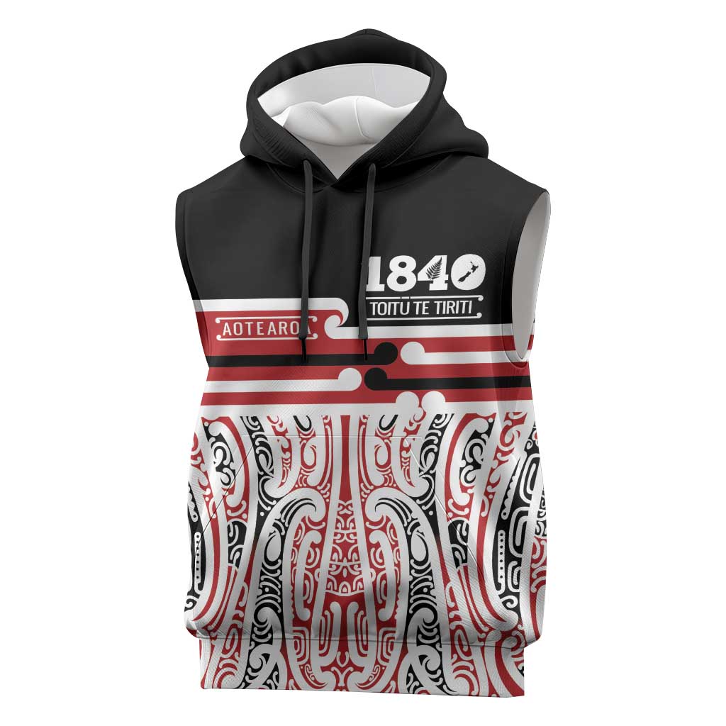 Personalised Toitu Te Tiriti Aotearoa 1840 Sleeveless Hoodie Red Kowhaiwhai Puhoro - Aussie Hoodie