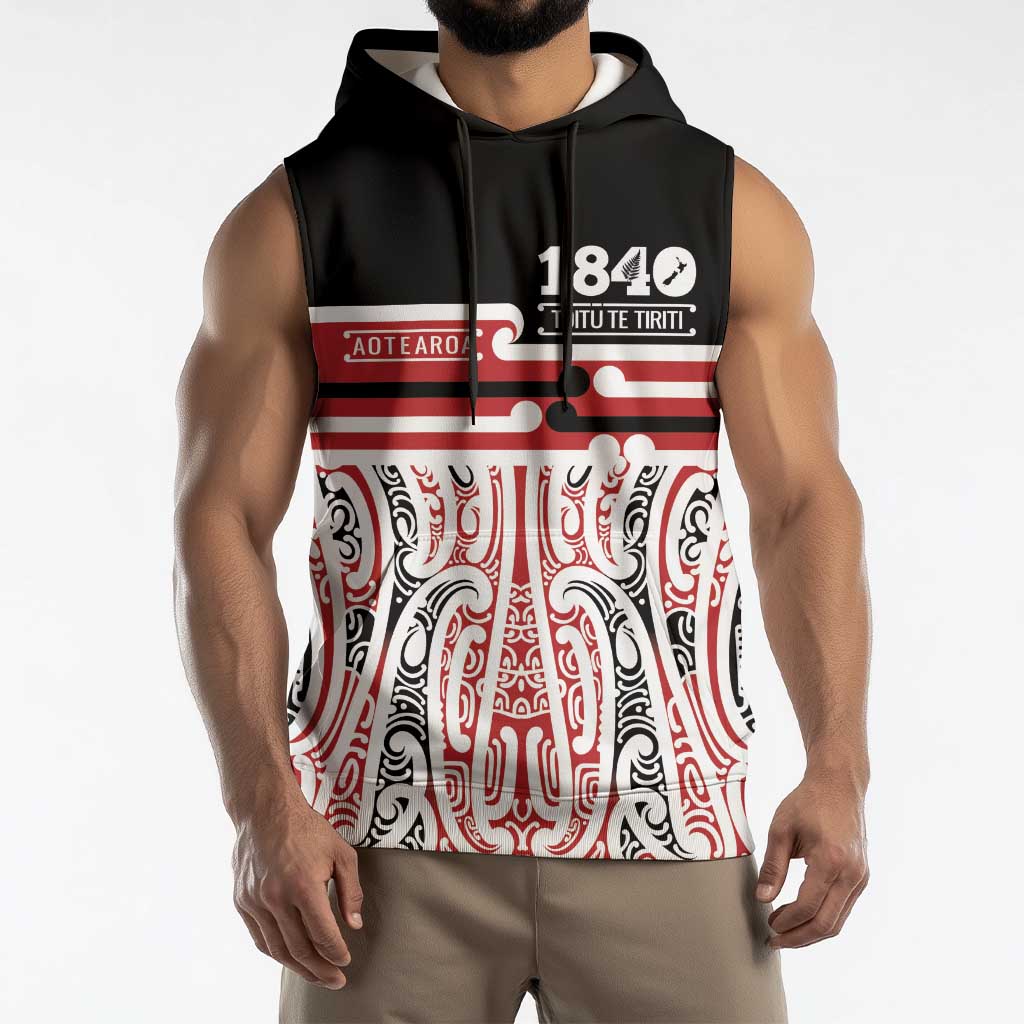 Personalised Toitu Te Tiriti Aotearoa 1840 Sleeveless Hoodie Red Kowhaiwhai Puhoro - Aussie Hoodie