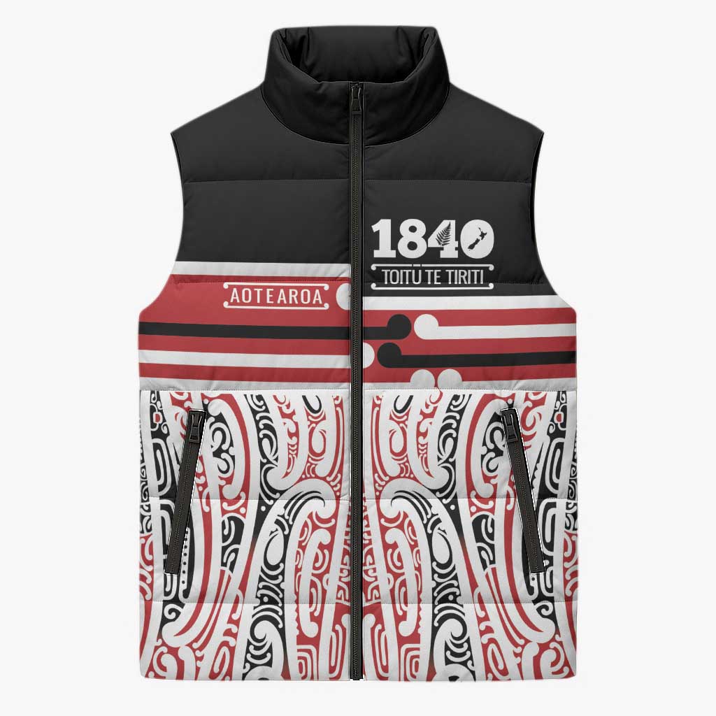 Personalised Toitu Te Tiriti Aotearoa 1840 Sleeveless Puffer Jacket Red Kowhaiwhai Puhoro - Aussie Hoodie