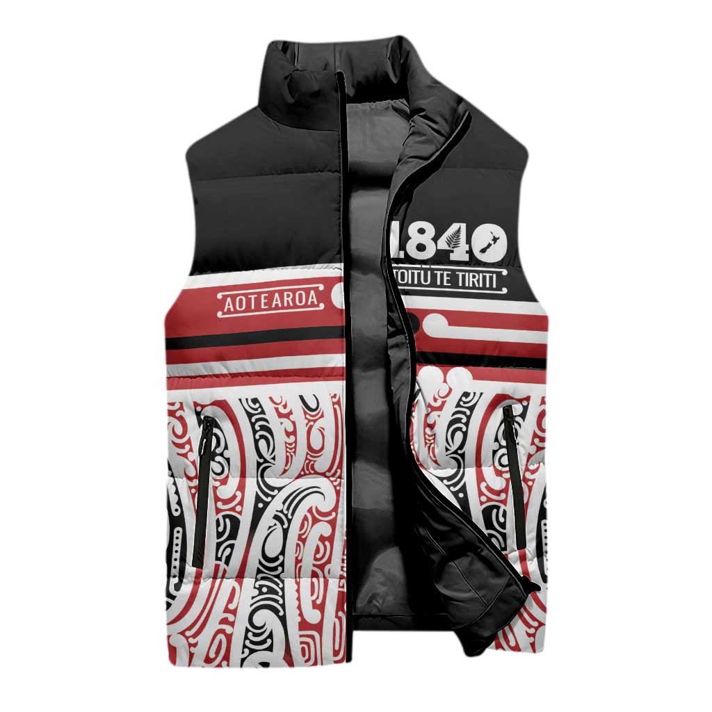 Personalised Toitu Te Tiriti Aotearoa 1840 Sleeveless Puffer Jacket Red Kowhaiwhai Puhoro - Aussie Hoodie