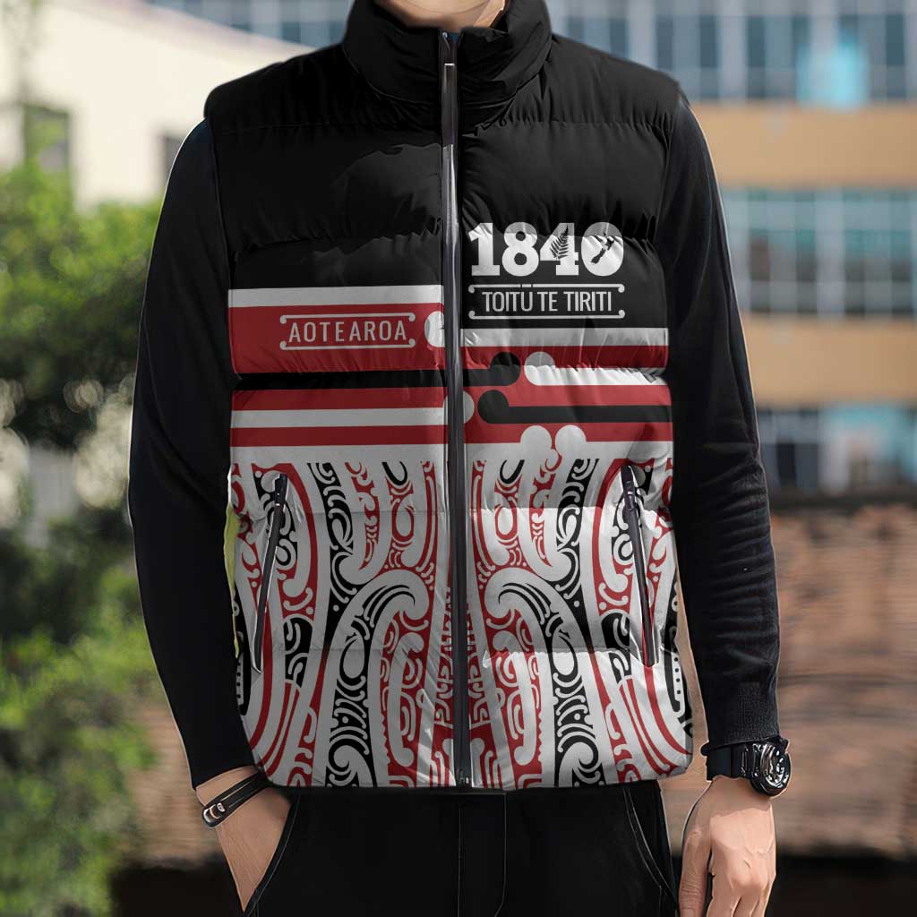 Personalised Toitu Te Tiriti Aotearoa 1840 Sleeveless Puffer Jacket Red Kowhaiwhai Puhoro - Aussie Hoodie