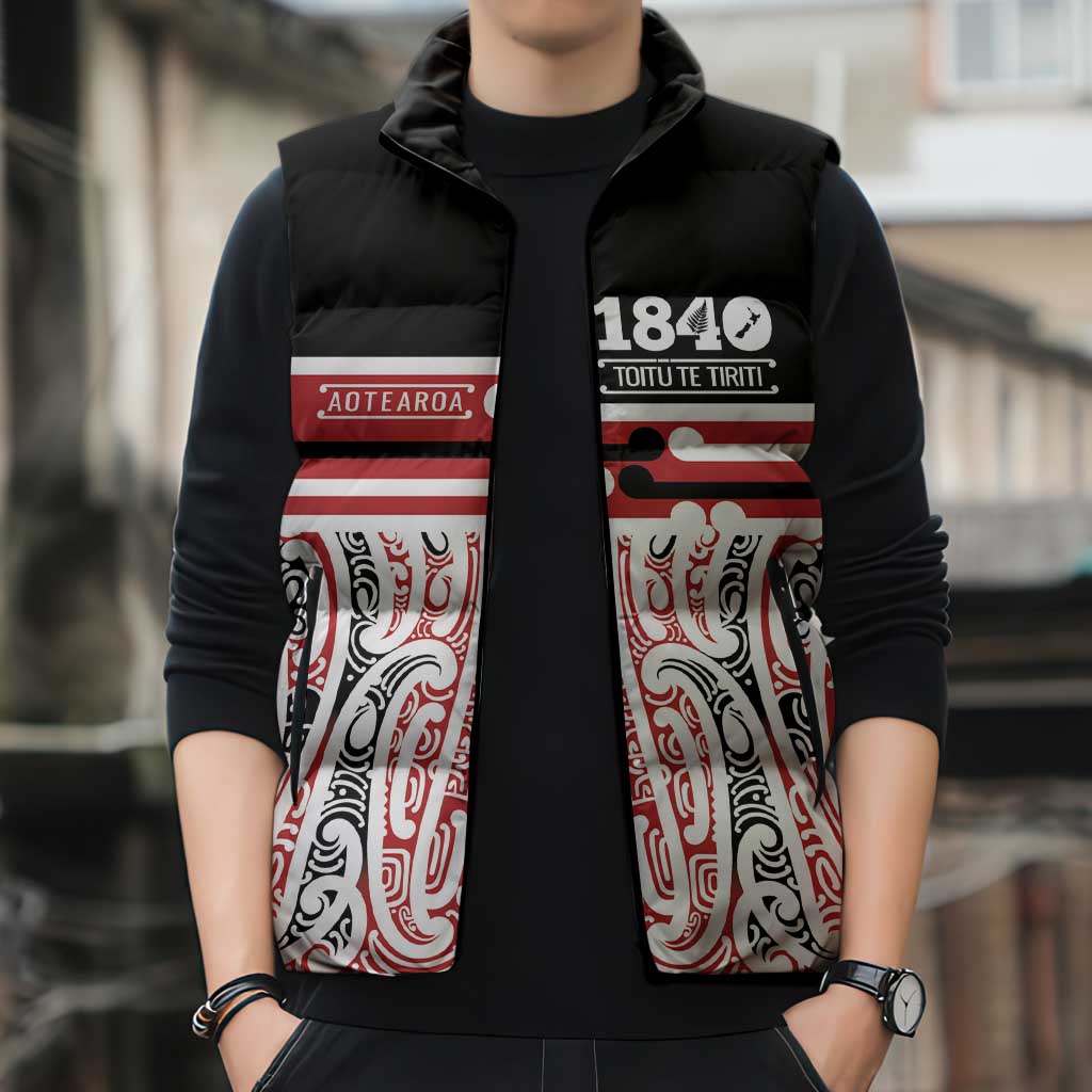 Personalised Toitu Te Tiriti Aotearoa 1840 Sleeveless Puffer Jacket Red Kowhaiwhai Puhoro - Aussie Hoodie