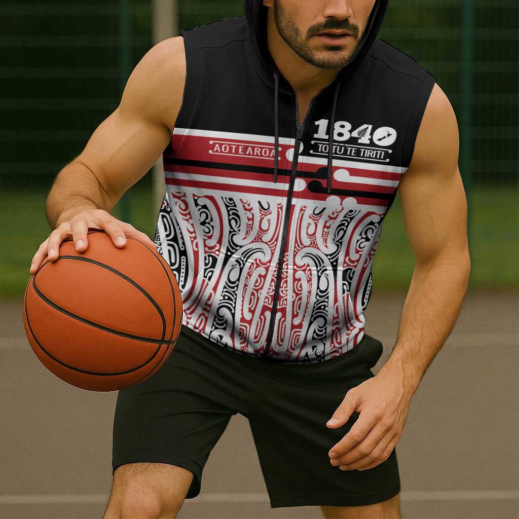 Personalised Toitu Te Tiriti Aotearoa 1840 Sleeveless Zip Hoodie Red Kowhaiwhai Puhoro - Aussie Hoodie