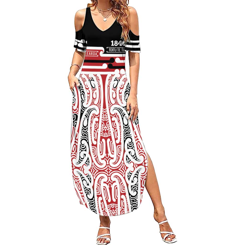 Personalised Toitu Te Tiriti Aotearoa 1840 Summer Maxi Dress Red Kowhaiwhai Puhoro - Aussie Hoodie