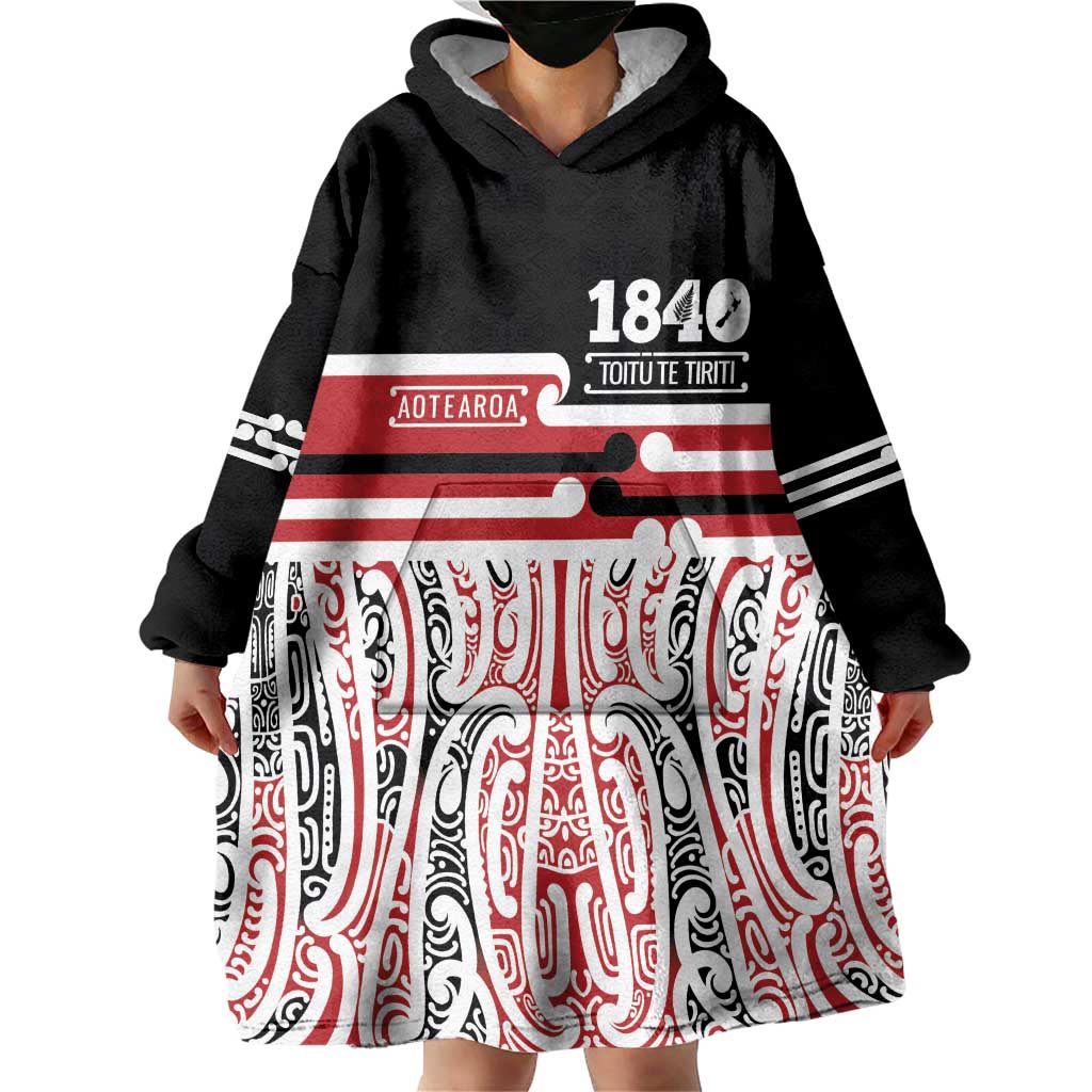 Personalised Toitu Te Tiriti Aotearoa 1840 Wearable Blanket Hoodie Red Kowhaiwhai Puhoro - Aussie Hoodie