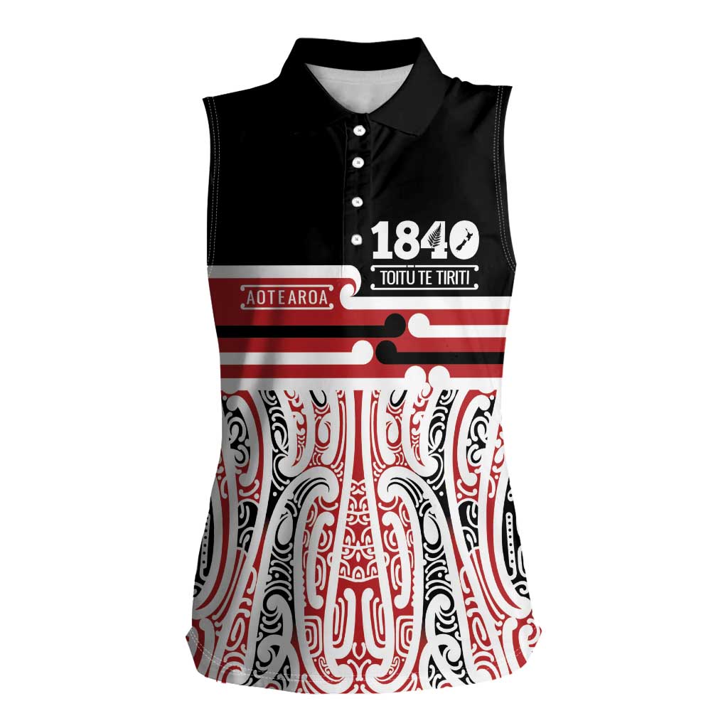 Personalised Toitu Te Tiriti Aotearoa 1840 Women Sleeveless Polo Shirt Red Kowhaiwhai Puhoro - Aussie Hoodie