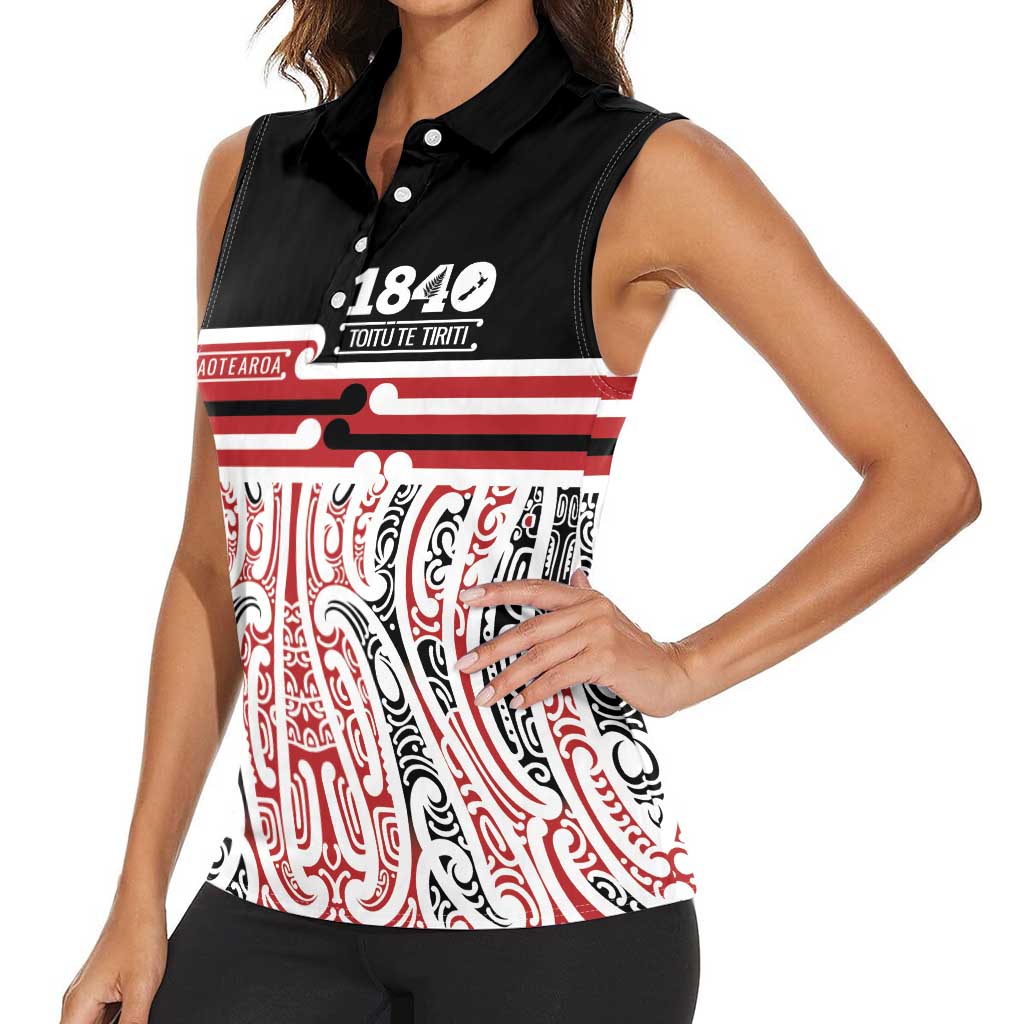 Personalised Toitu Te Tiriti Aotearoa 1840 Women Sleeveless Polo Shirt Red Kowhaiwhai Puhoro - Aussie Hoodie