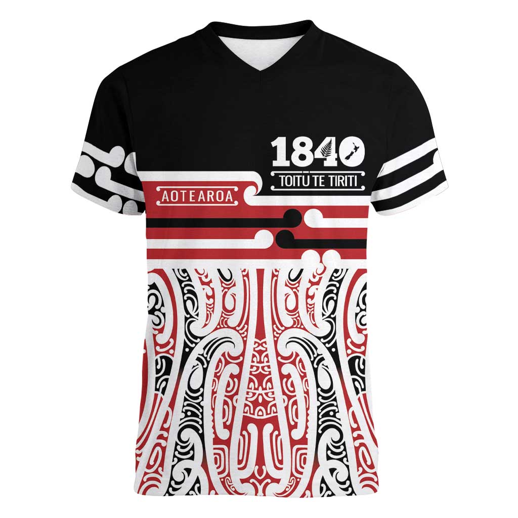 Personalised Toitu Te Tiriti Aotearoa 1840 Women V-Neck T-Shirt Red Kowhaiwhai Puhoro - Aussie Hoodie
