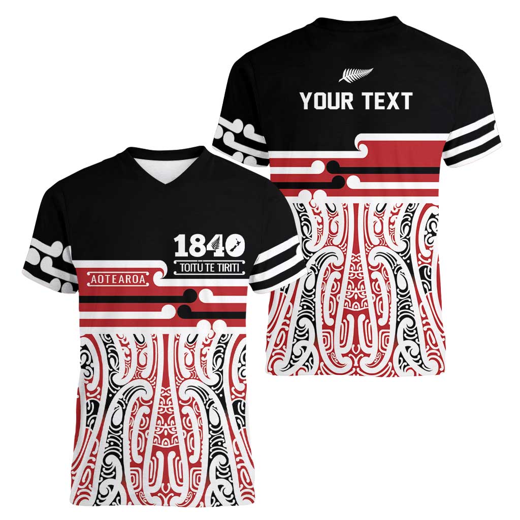 Personalised Toitu Te Tiriti Aotearoa 1840 Women V-Neck T-Shirt Red Kowhaiwhai Puhoro - Aussie Hoodie