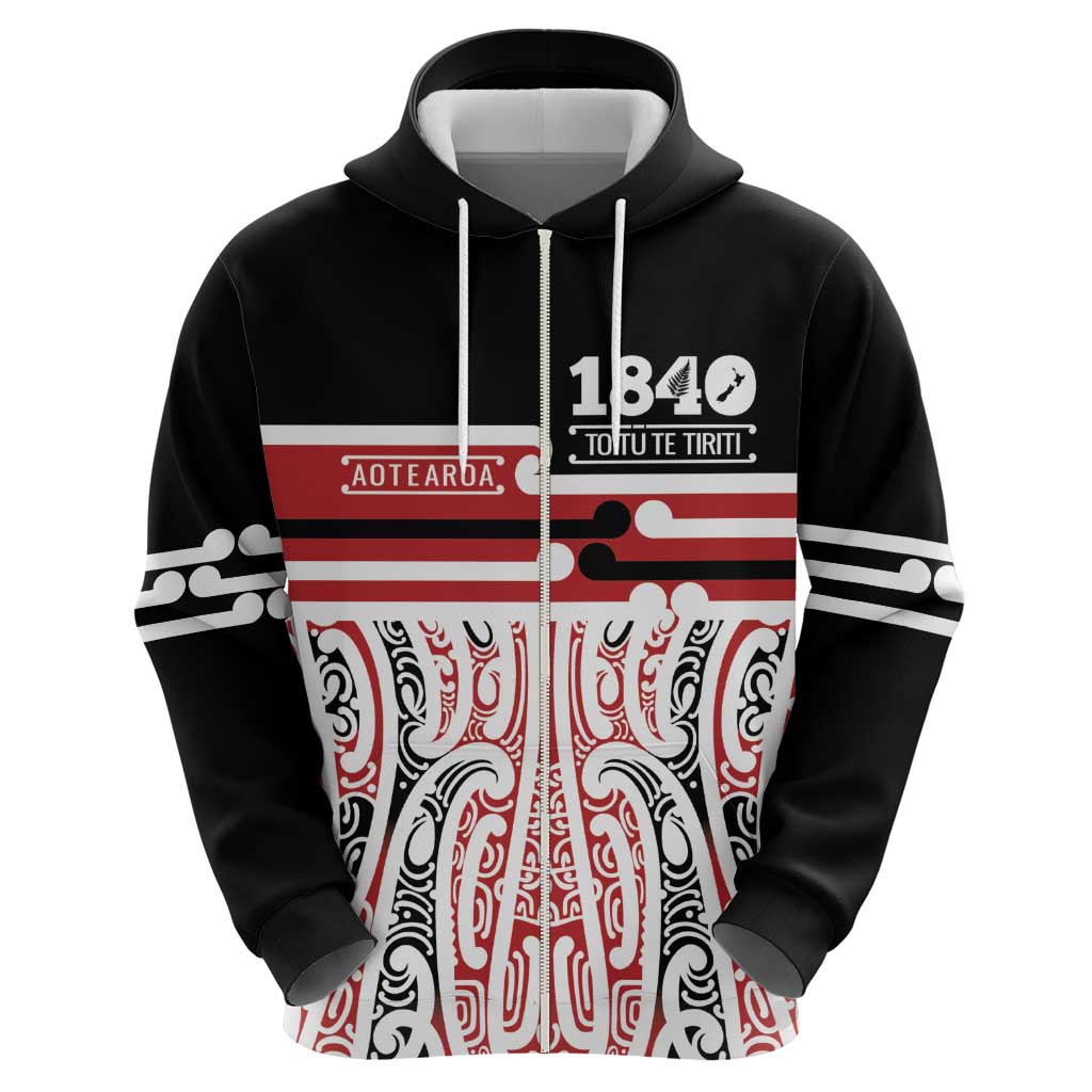 Personalised Toitu Te Tiriti Aotearoa 1840 Zip Hoodie Red Kowhaiwhai Puhoro - Aussie Hoodie