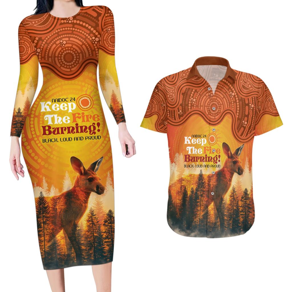 Australian Kangaroo Forests NAIDOC 2024 Couples Matching Long Sleeve Bodycon Dress and Hawaiian Shirt Aboriginal Art Style