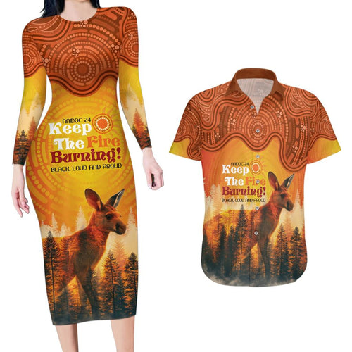 Australian Kangaroo Forests NAIDOC 2024 Couples Matching Long Sleeve Bodycon Dress and Hawaiian Shirt Aboriginal Art Style