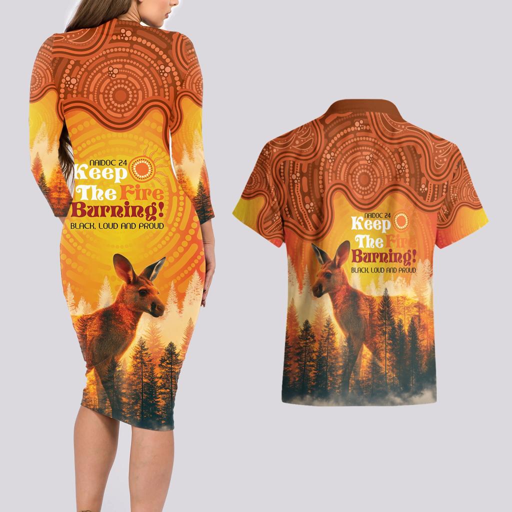 Australian Kangaroo Forests NAIDOC 2024 Couples Matching Long Sleeve Bodycon Dress and Hawaiian Shirt Aboriginal Art Style