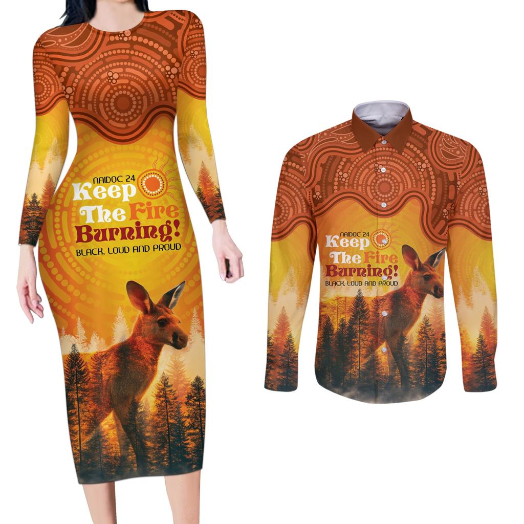 Australian Kangaroo Forests NAIDOC 2024 Couples Matching Long Sleeve Bodycon Dress and Long Sleeve Button Shirt Aboriginal Art Style