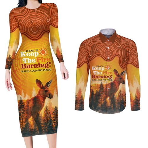 Australian Kangaroo Forests NAIDOC 2024 Couples Matching Long Sleeve Bodycon Dress and Long Sleeve Button Shirt Aboriginal Art Style