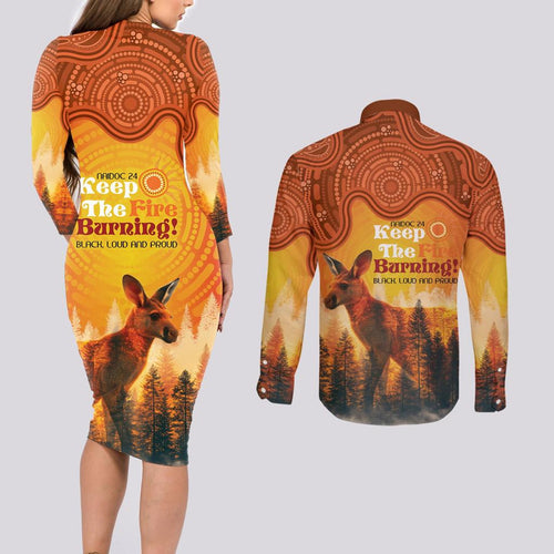 Australian Kangaroo Forests NAIDOC 2024 Couples Matching Long Sleeve Bodycon Dress and Long Sleeve Button Shirt Aboriginal Art Style