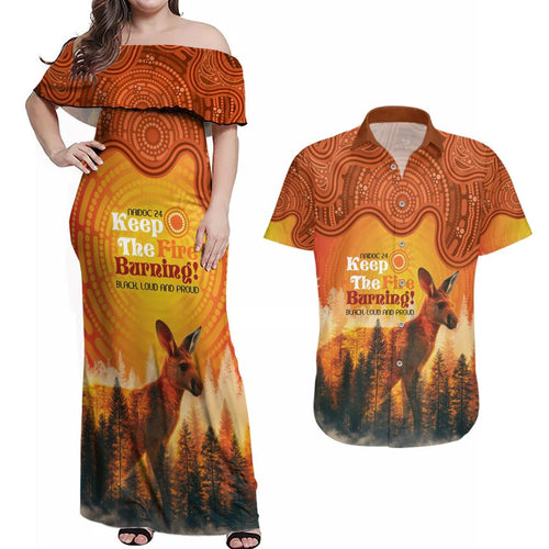 Australian Kangaroo Forests NAIDOC 2024 Couples Matching Off Shoulder Maxi Dress and Hawaiian Shirt Aboriginal Art Style