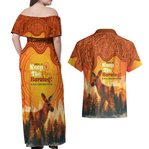 Australian Kangaroo Forests NAIDOC 2024 Couples Matching Off Shoulder Maxi Dress and Hawaiian Shirt Aboriginal Art Style