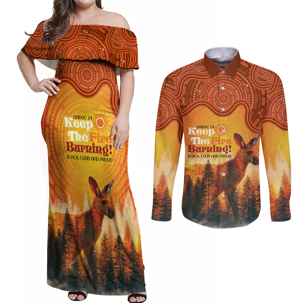 Australian Kangaroo Forests NAIDOC 2024 Couples Matching Off Shoulder Maxi Dress and Long Sleeve Button Shirt Aboriginal Art Style