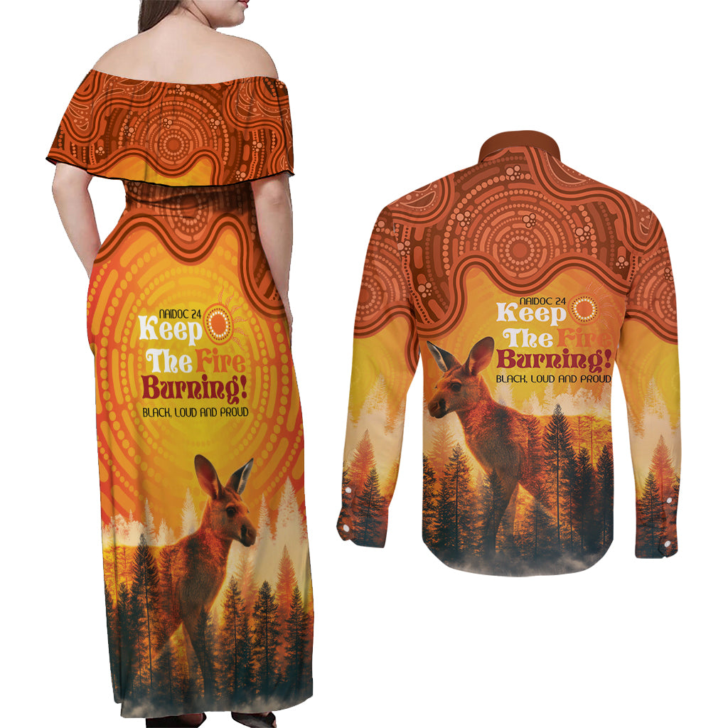 Australian Kangaroo Forests NAIDOC 2024 Couples Matching Off Shoulder Maxi Dress and Long Sleeve Button Shirt Aboriginal Art Style