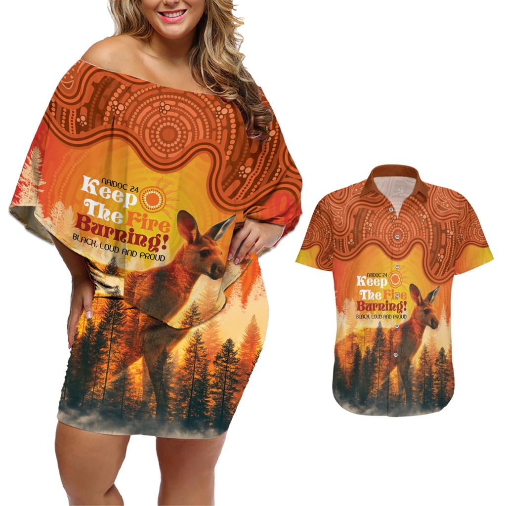 Australian Kangaroo Forests NAIDOC 2024 Couples Matching Off Shoulder Short Dress and Hawaiian Shirt Aboriginal Art Style