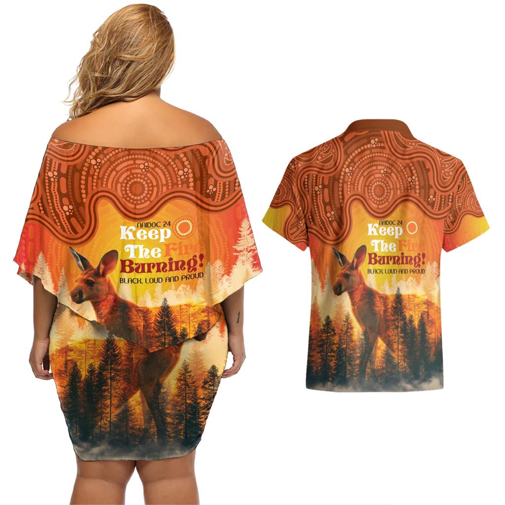 Australian Kangaroo Forests NAIDOC 2024 Couples Matching Off Shoulder Short Dress and Hawaiian Shirt Aboriginal Art Style