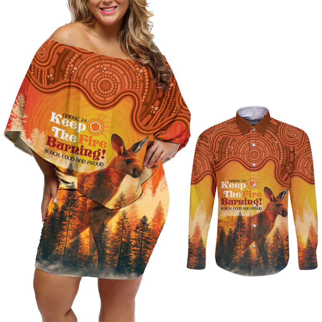 Australian Kangaroo Forests NAIDOC 2024 Couples Matching Off Shoulder Short Dress and Long Sleeve Button Shirt Aboriginal Art Style