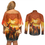 Australian Kangaroo Forests NAIDOC 2024 Couples Matching Off Shoulder Short Dress and Long Sleeve Button Shirt Aboriginal Art Style