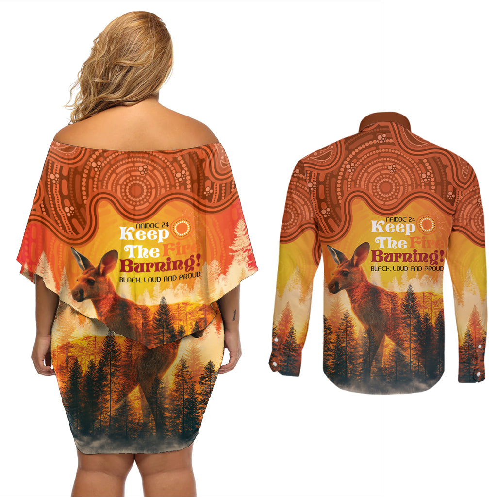 Australian Kangaroo Forests NAIDOC 2024 Couples Matching Off Shoulder Short Dress and Long Sleeve Button Shirt Aboriginal Art Style