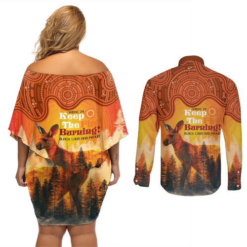 Australian Kangaroo Forests NAIDOC 2024 Couples Matching Off Shoulder Short Dress and Long Sleeve Button Shirt Aboriginal Art Style