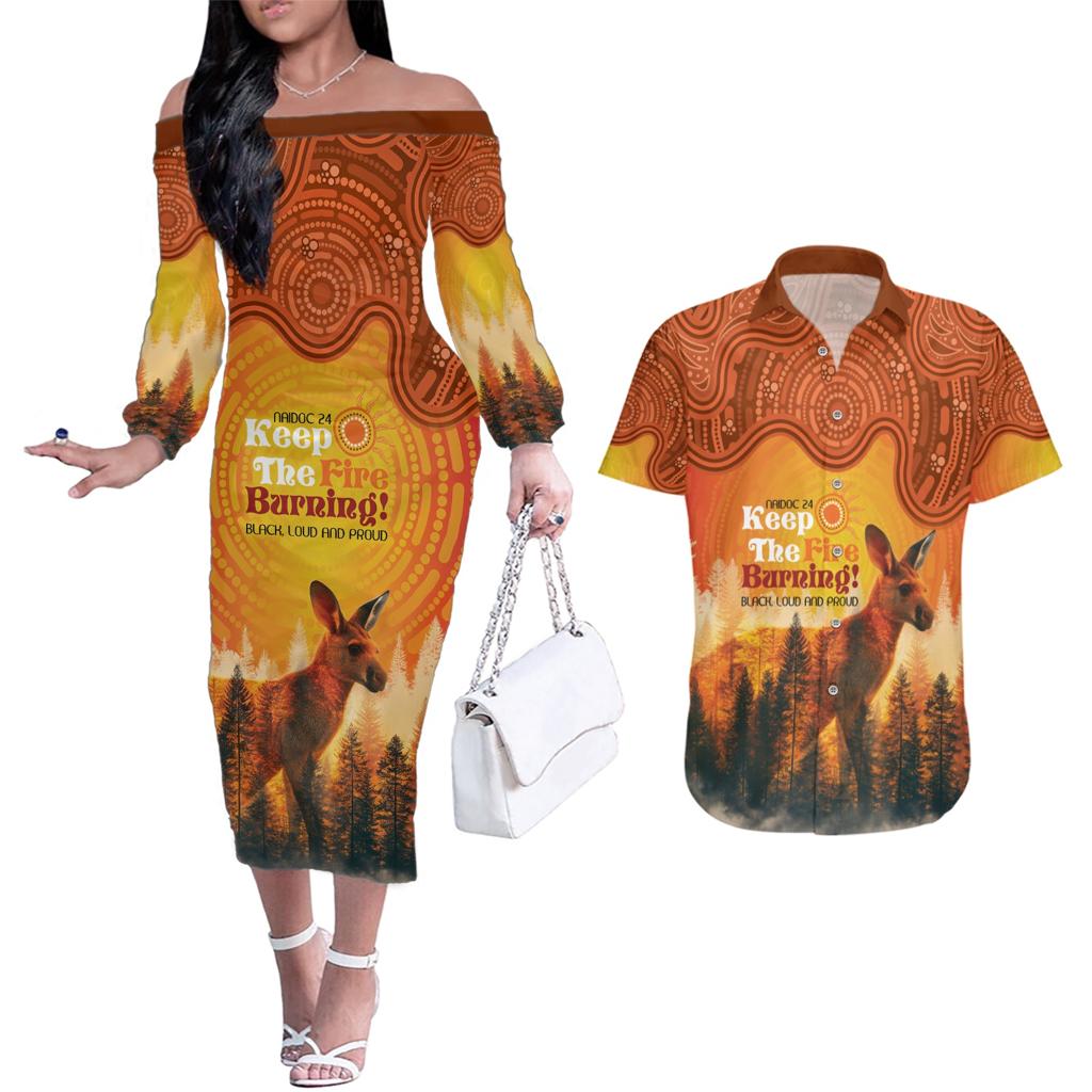 Australian Kangaroo Forests NAIDOC 2024 Couples Matching Off The Shoulder Long Sleeve Dress and Hawaiian Shirt Aboriginal Art Style