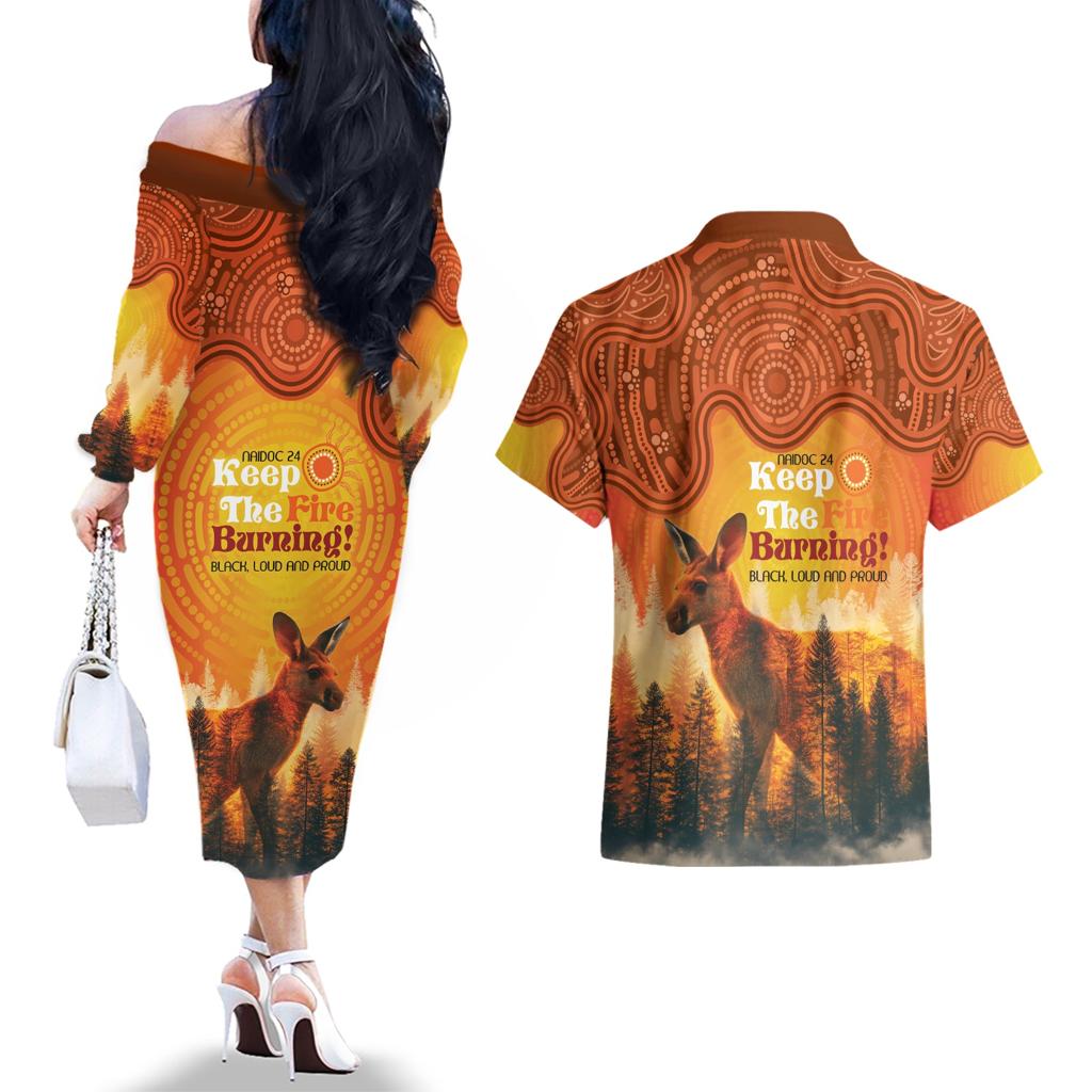 Australian Kangaroo Forests NAIDOC 2024 Couples Matching Off The Shoulder Long Sleeve Dress and Hawaiian Shirt Aboriginal Art Style